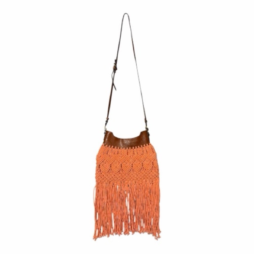 Patricia Nash Coral Macrame Fringe Crossbody bag Boho woven leather specialty - Picture 2 of 13